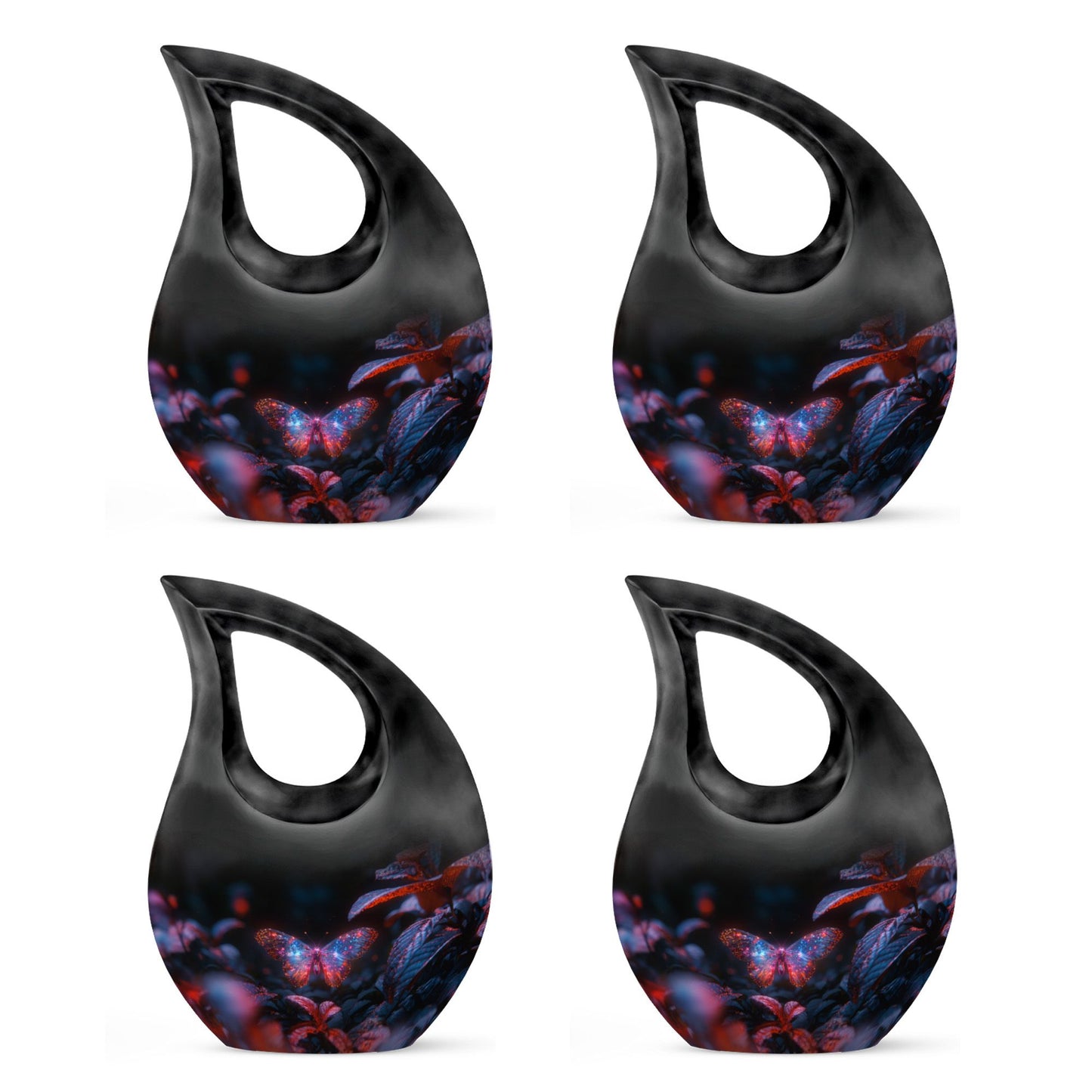 Butterfly Urn for Human Ashes, Sparkly Purple Wings Among Red Leaves, Black Gloss Urn
