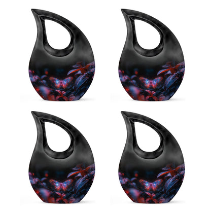 Butterfly Urn for Human Ashes, Sparkly Purple Wings Among Red Leaves, Black Gloss Urn