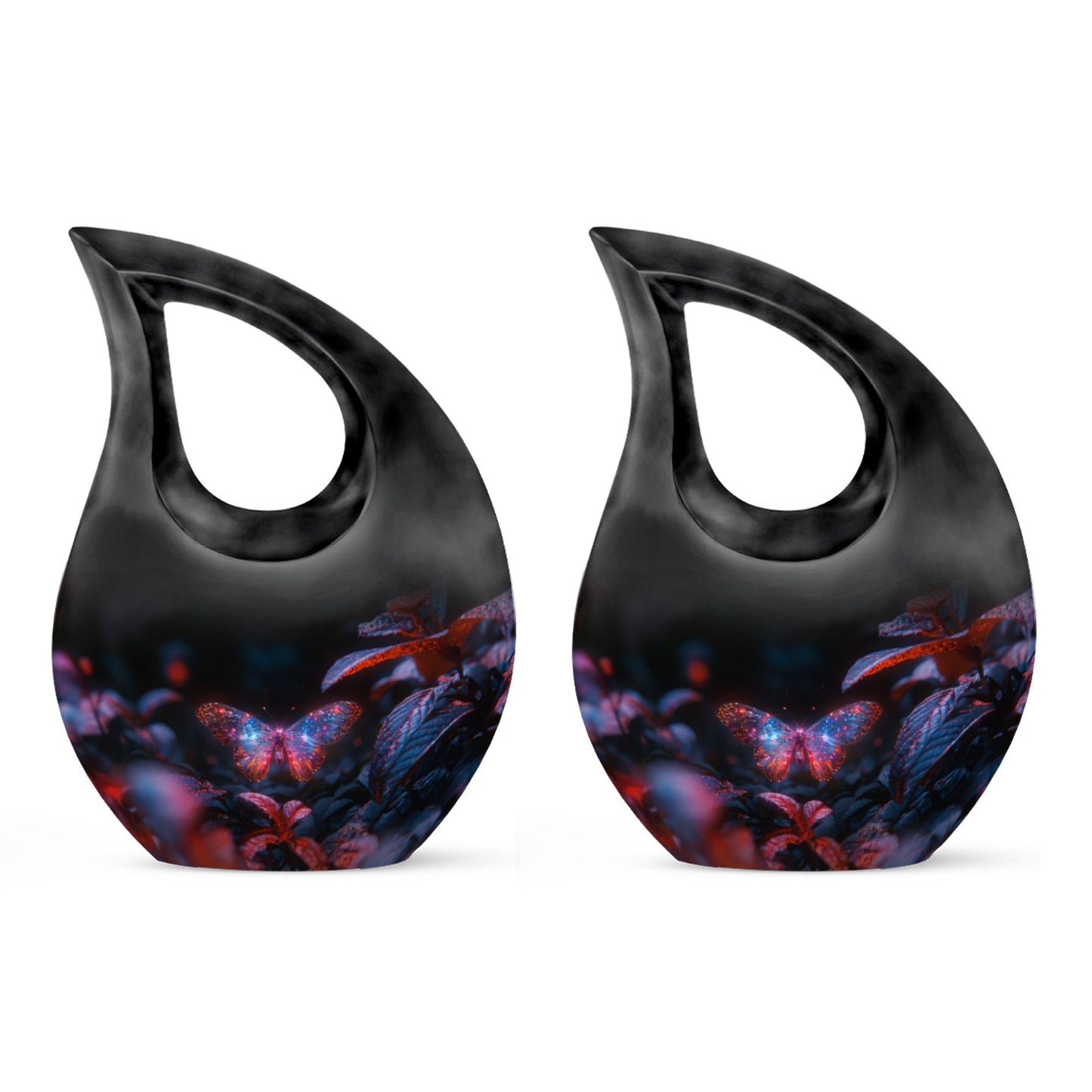 Butterfly Urn for Human Ashes, Sparkly Purple Wings Among Red Leaves, Black Gloss Urn
