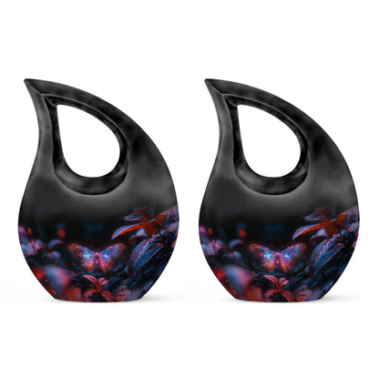 Butterfly Urn for Human Ashes, Sparkly Purple Wings Among Red Leaves, Black Gloss Urn