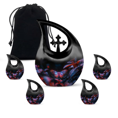 Butterfly Urn for Human Ashes, Sparkly Purple Wings Among Red Leaves, Black Gloss Urn
