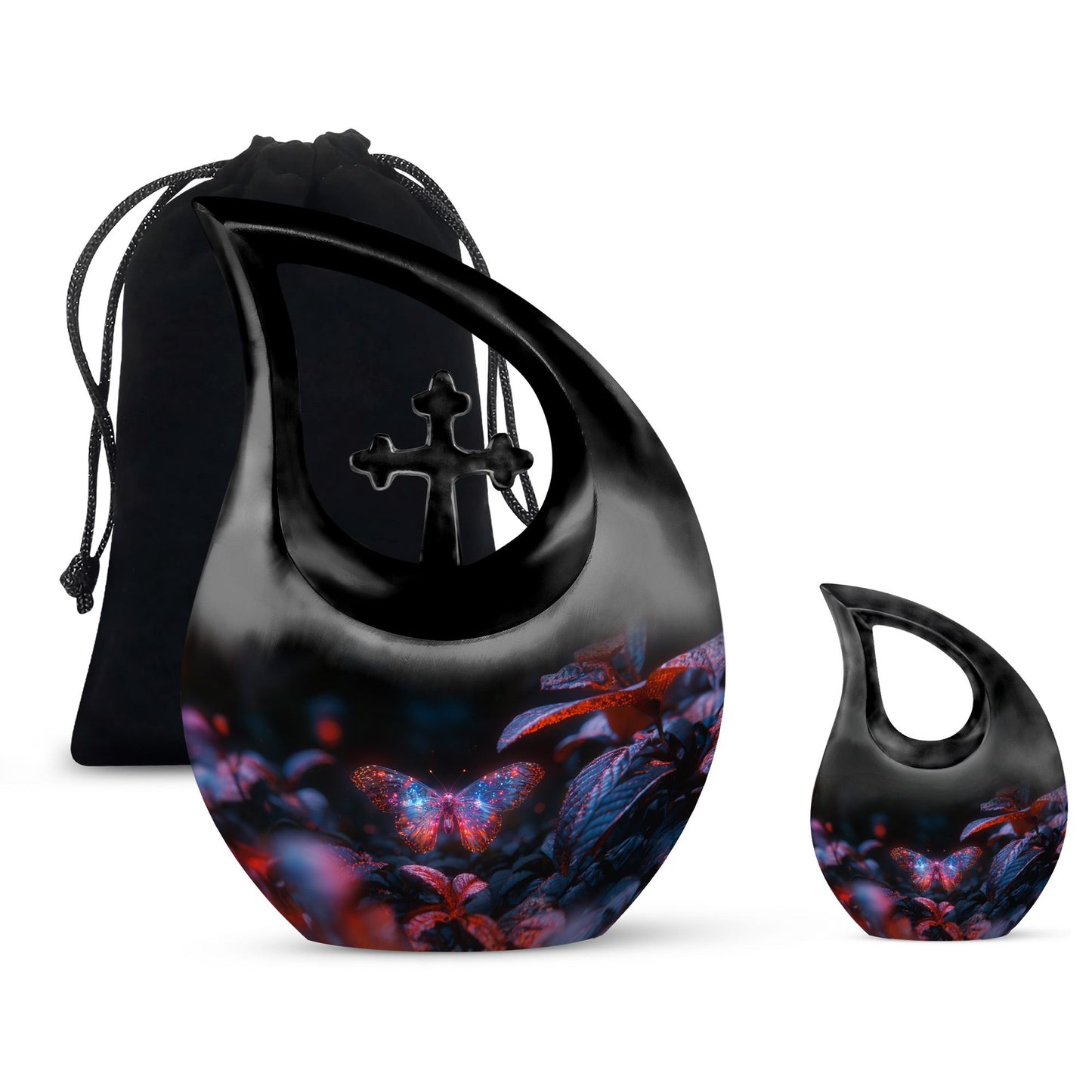 Butterfly Urn for Human Ashes, Sparkly Purple Wings Among Red Leaves, Black Gloss Urn