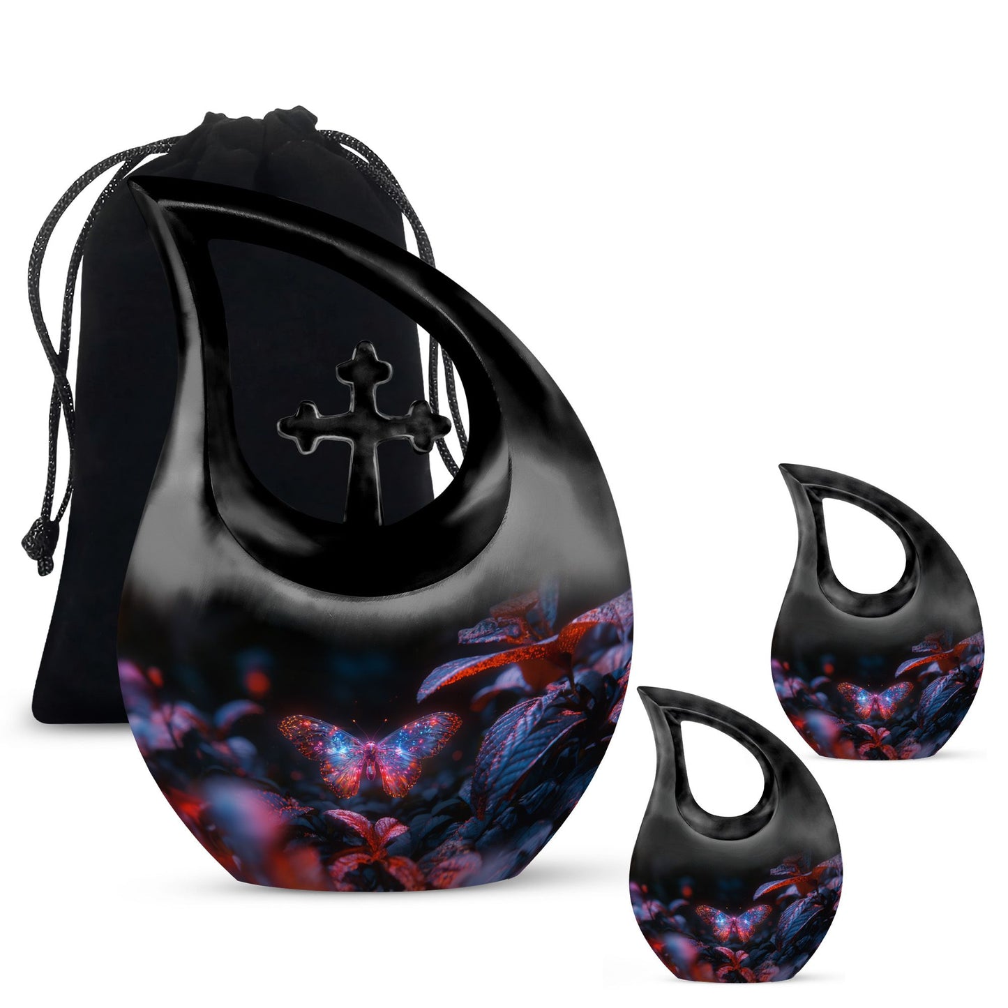 Butterfly Urn for Human Ashes, Sparkly Purple Wings Among Red Leaves, Black Gloss Urn