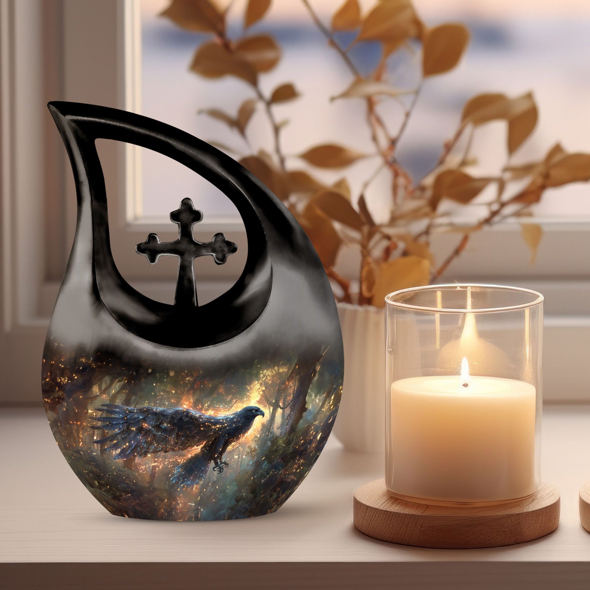 10-inch Mystical Forest Glow Urn with Cross Drop 