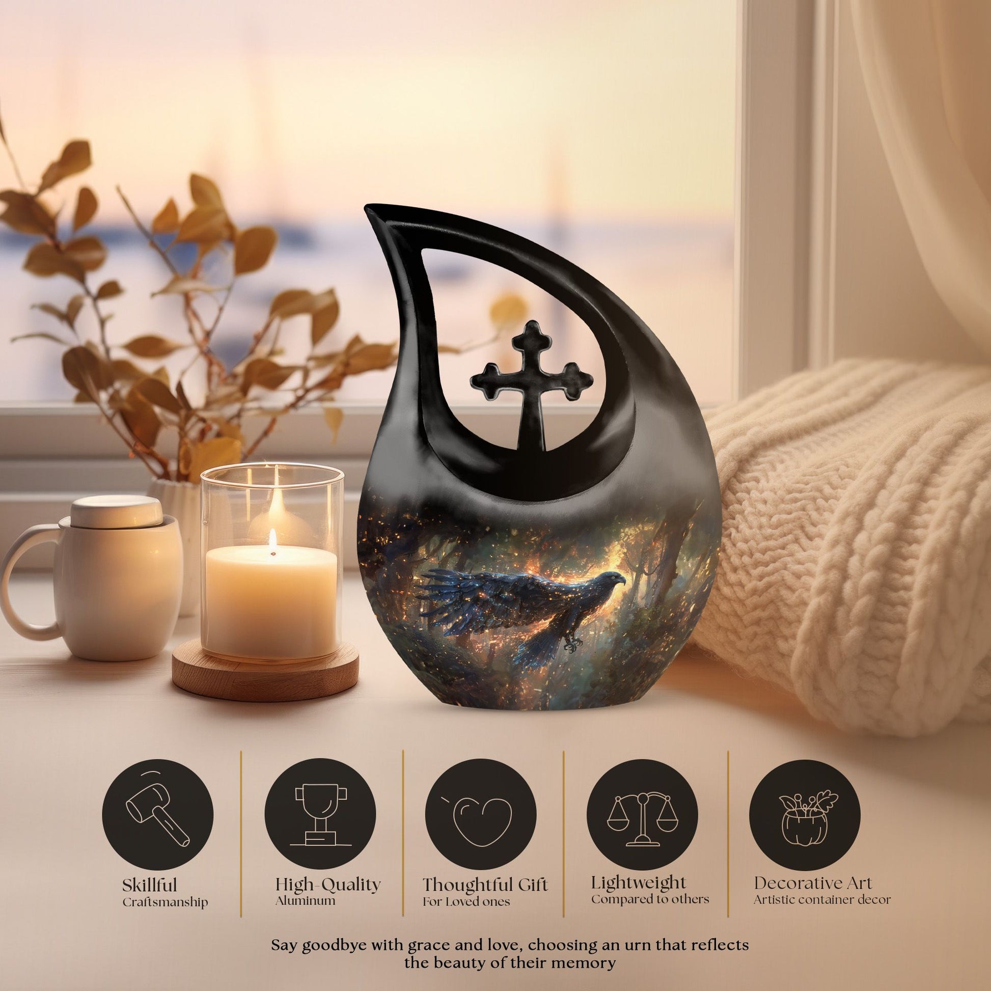 10-inch Mystical Forest Glow Urn with Cross Drop 