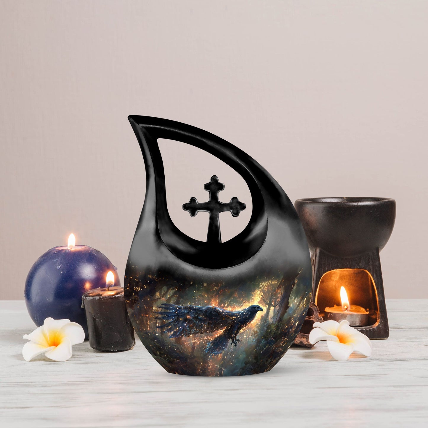 10-inch Mystical Forest Glow Urn with Cross Drop 