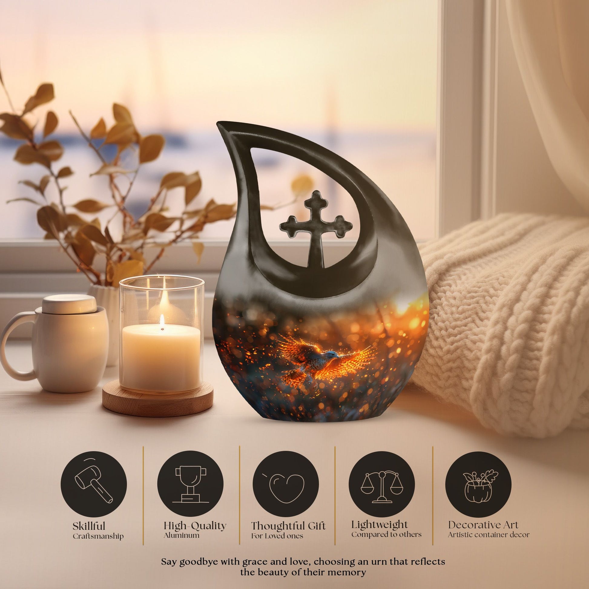 10 inch Fiery Flight At Urn with Cross Drop Design,
