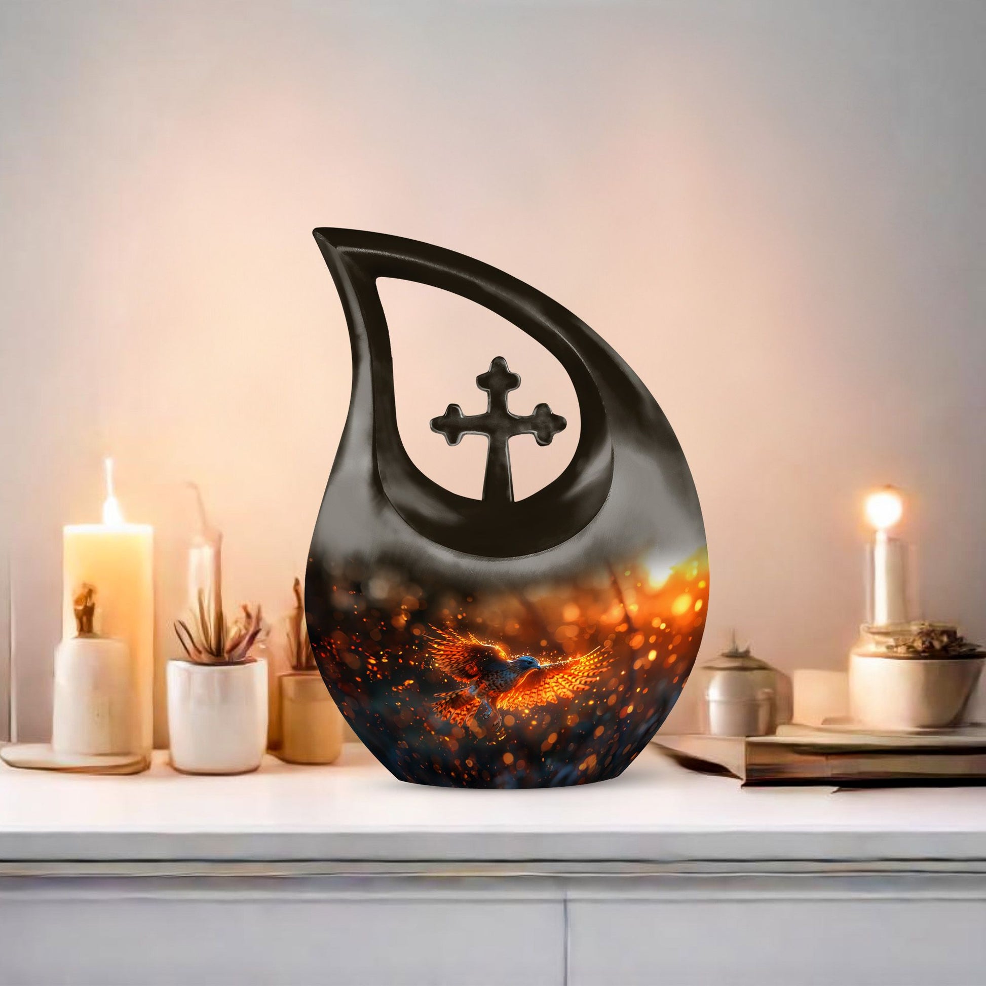 10 inch Fiery Flight At Urn with Cross Drop Design,