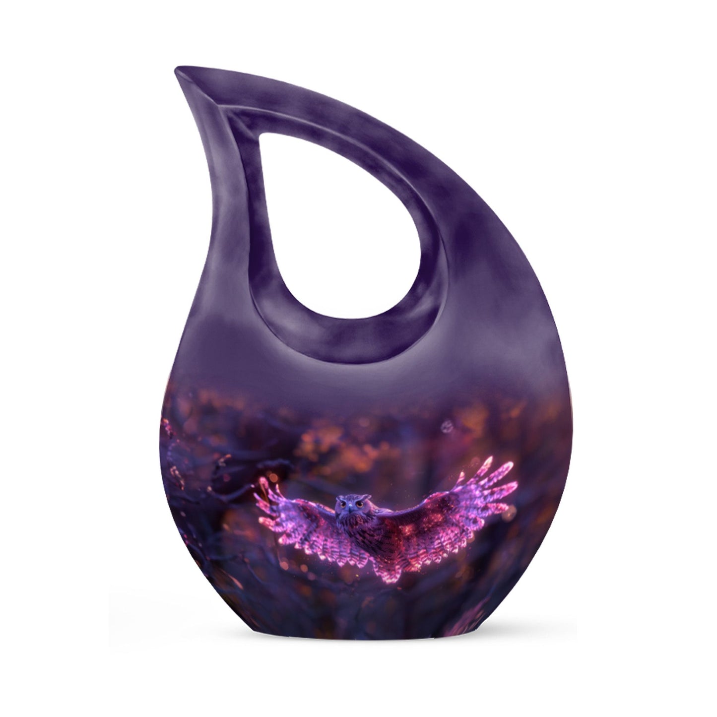 Owl Urn for Human Ashes, With Spread Purple Glowing Wings, Cremation Urn