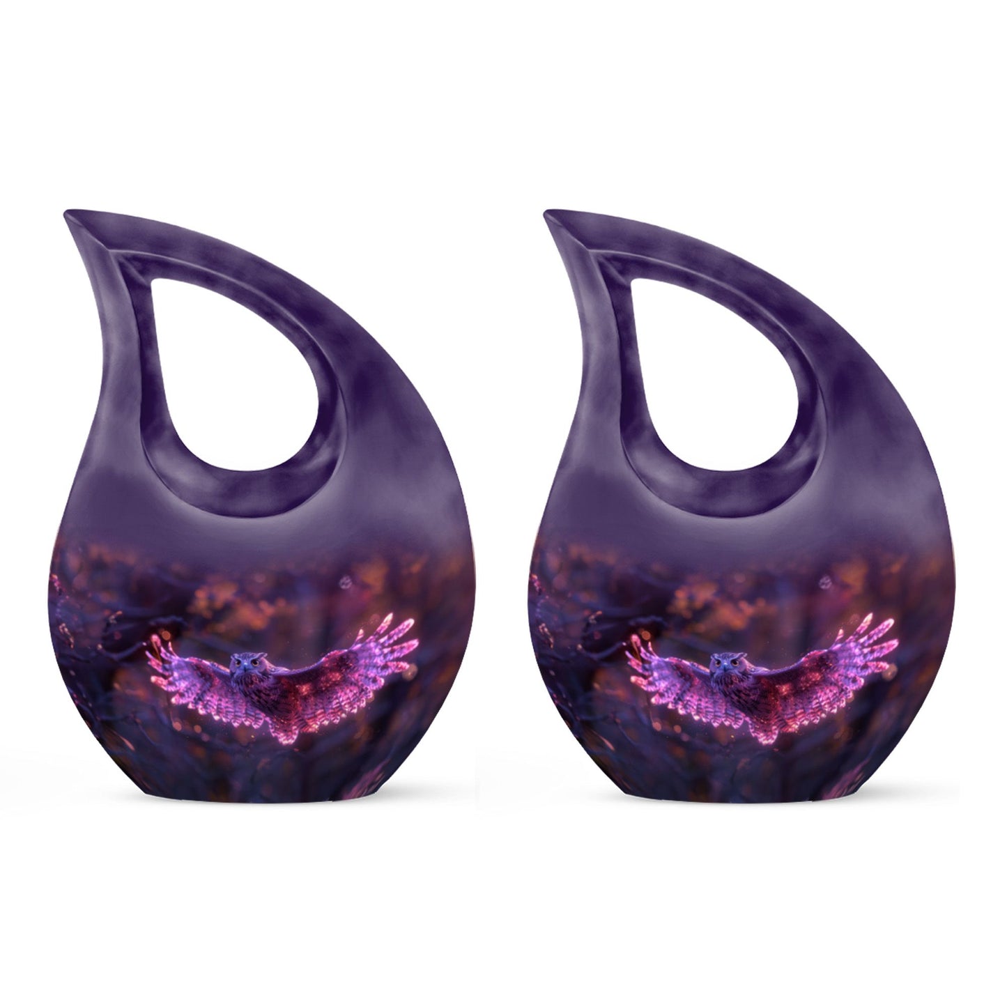 Owl Urn for Human Ashes, With Spread Purple Glowing Wings, Cremation Urn