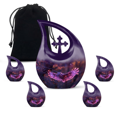 Owl Urn for Human Ashes, With Spread Purple Glowing Wings, Cremation Urn