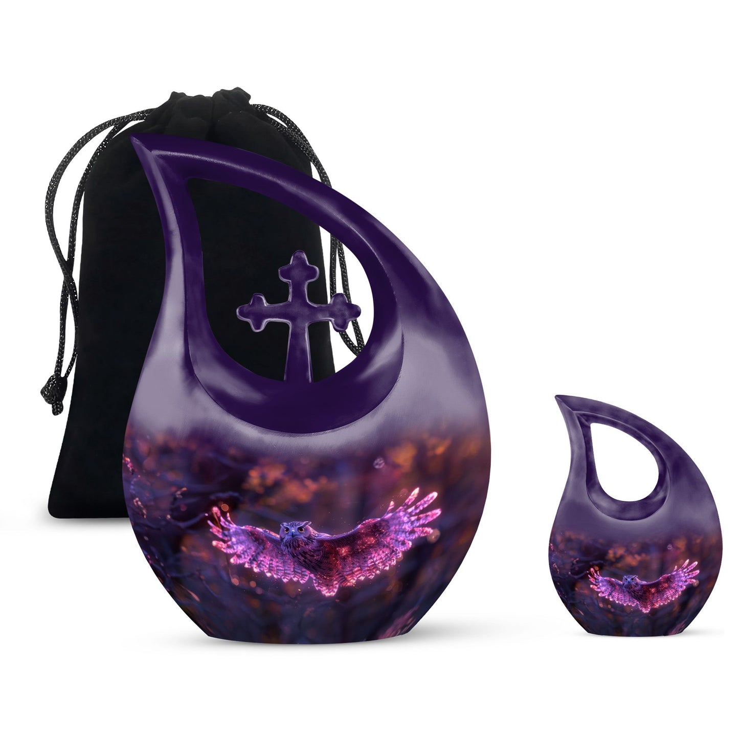 Owl Urn for Human Ashes, With Spread Purple Glowing Wings, Cremation Urn