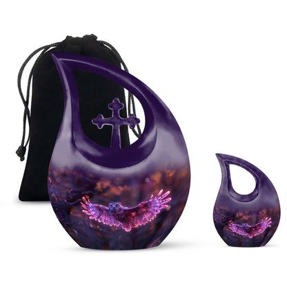 Owl Urn for Human Ashes, With Spread Purple Glowing Wings, Cremation Urn