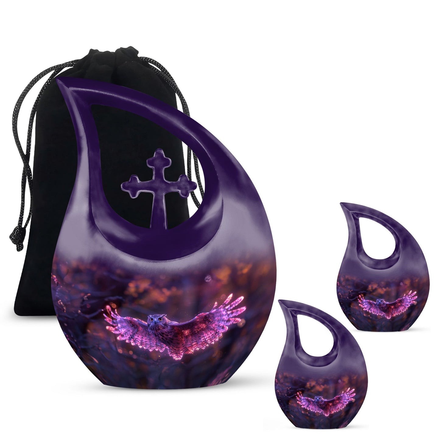 Owl Urn for Human Ashes, With Spread Purple Glowing Wings, Cremation Urn