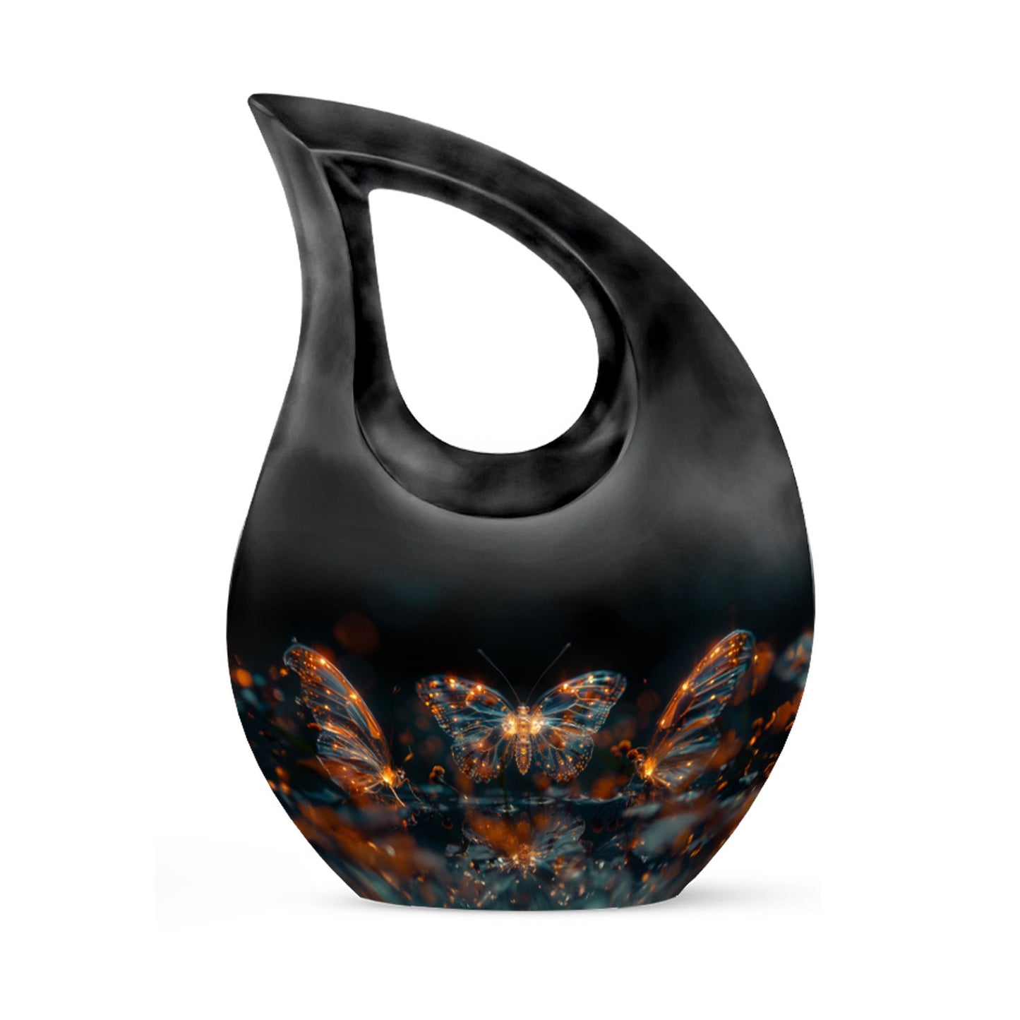 Butterfly Urn for Human Ashes, Glowing Gold Wings with Sparkle Particles, Black Gloss Urn