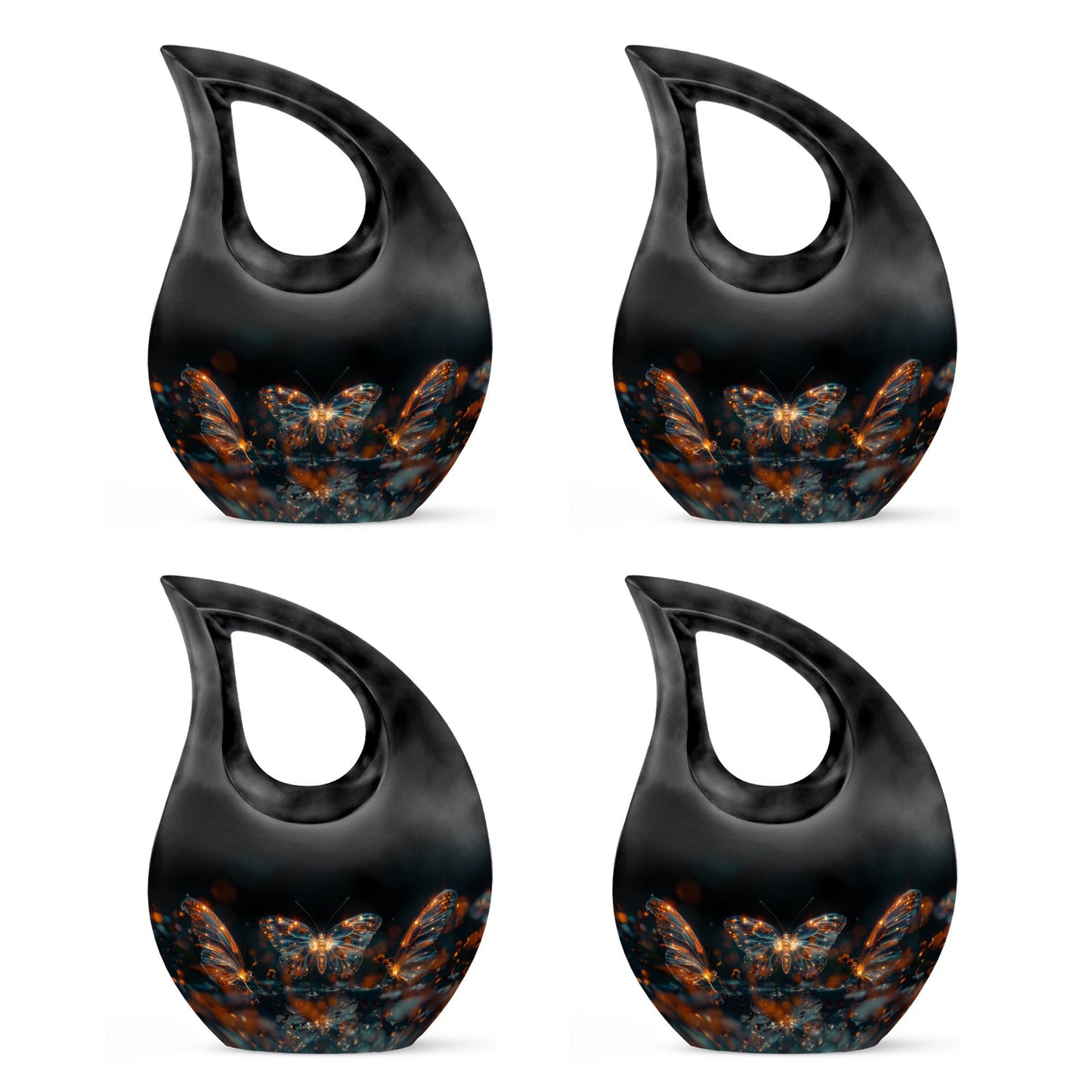 Butterfly Urn for Human Ashes, Glowing Gold Wings with Sparkle Particles, Black Gloss Urn
