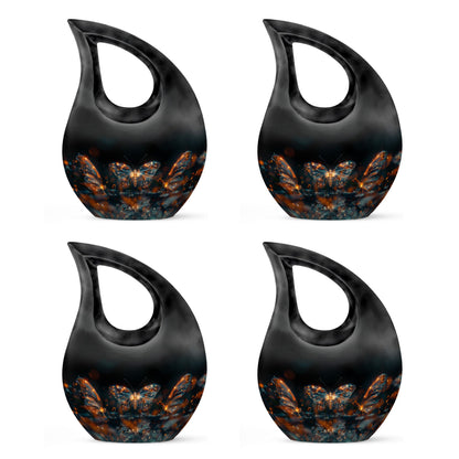 Butterfly Urn for Human Ashes, Glowing Gold Wings with Sparkle Particles, Black Gloss Urn