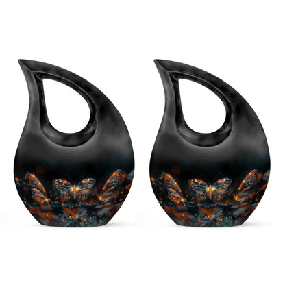 Butterfly Urn for Human Ashes, Glowing Gold Wings with Sparkle Particles, Black Gloss Urn