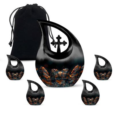 Butterfly Urn for Human Ashes, Glowing Gold Wings with Sparkle Particles, Black Gloss Urn