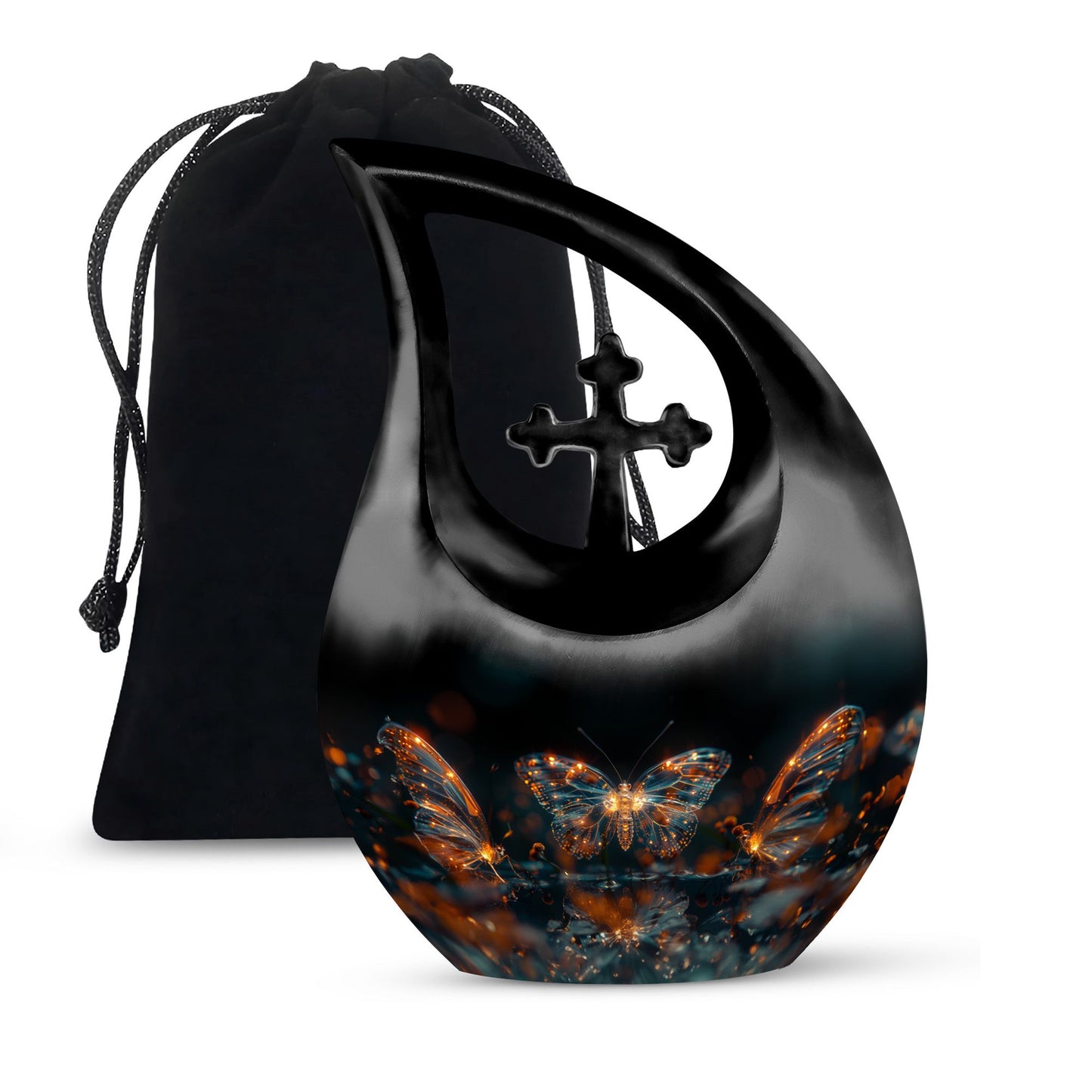 Butterfly Urn for Human Ashes, Glowing Gold Wings with Sparkle Particles, Black Gloss Urn