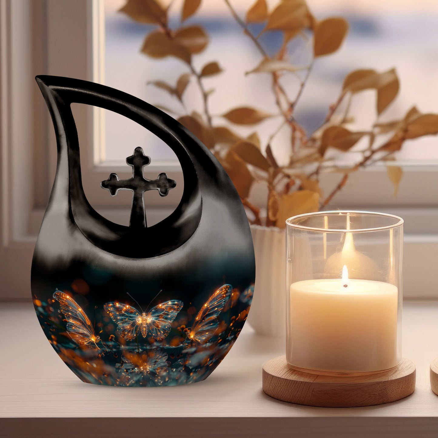 10-inch Luminous Mystic Butterflies Urn with Cross