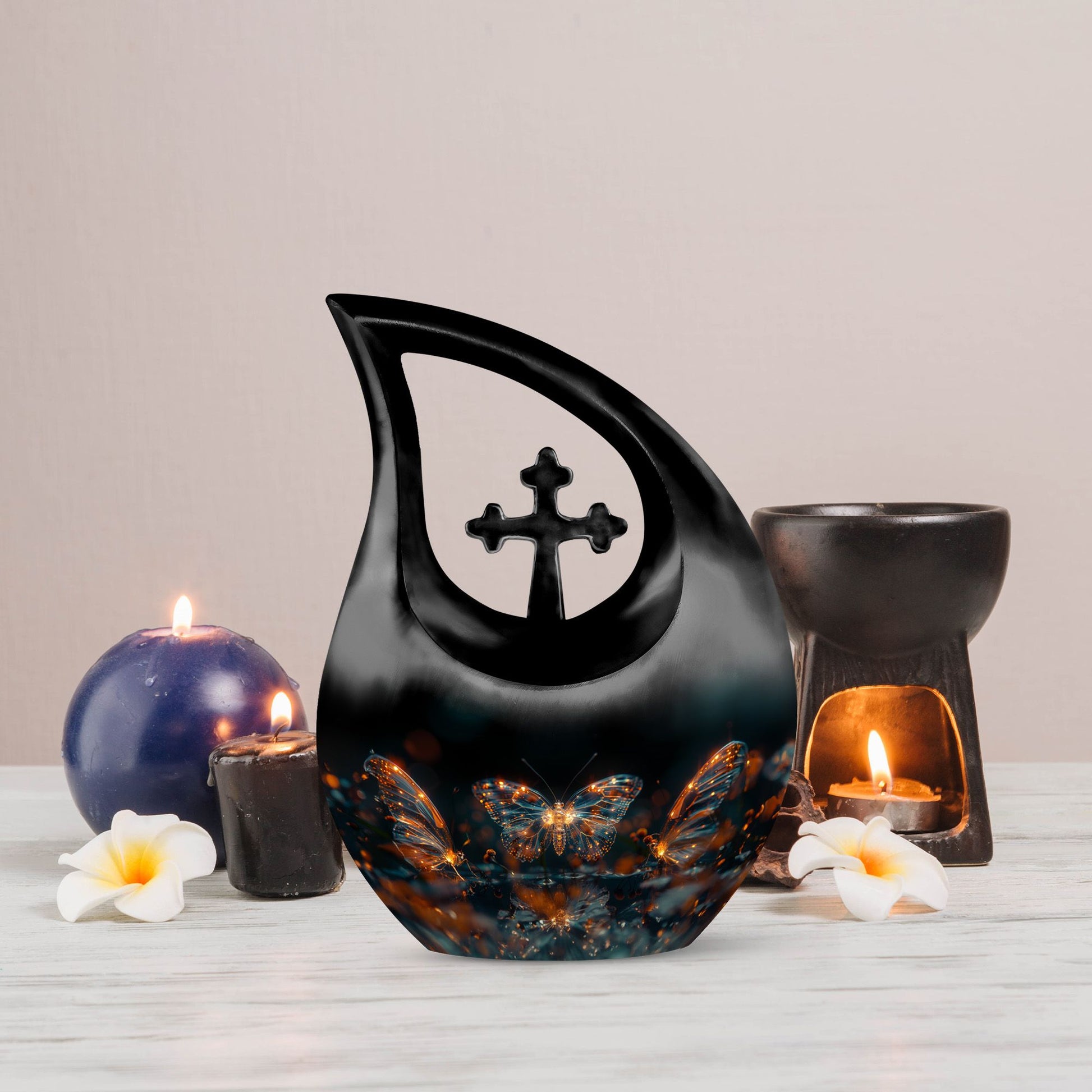 10-inch Luminous Mystic Butterflies Urn with Cross
