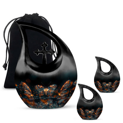 Butterfly Urn for Human Ashes, Glowing Gold Wings with Sparkle Particles, Black Gloss Urn
