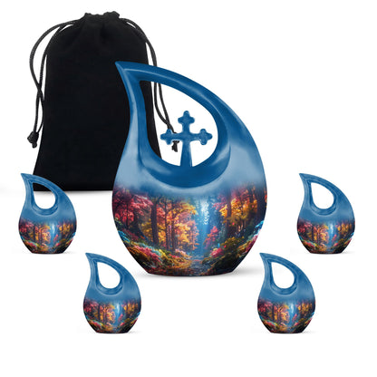 10 Inch Enchanted Forest Glow Urn with Cross Drop design, personalized cremation monument