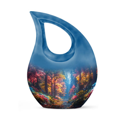 10 Inch Enchanted Forest Glow Urn with Cross Drop design, personalized cremation monument