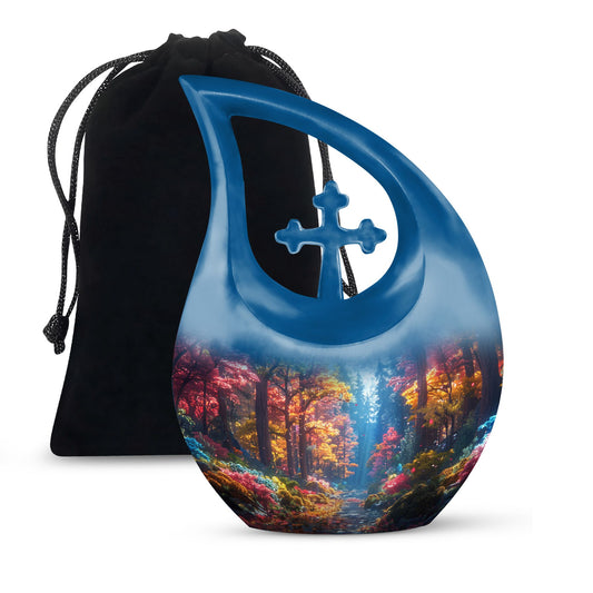 10 Inch Enchanted Forest Glow Urn with Cross Drop design, personalized cremation monument