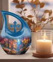 10 Inch Enchanted Forest Glow Urn with Cross Drop design, personalized cremation monument