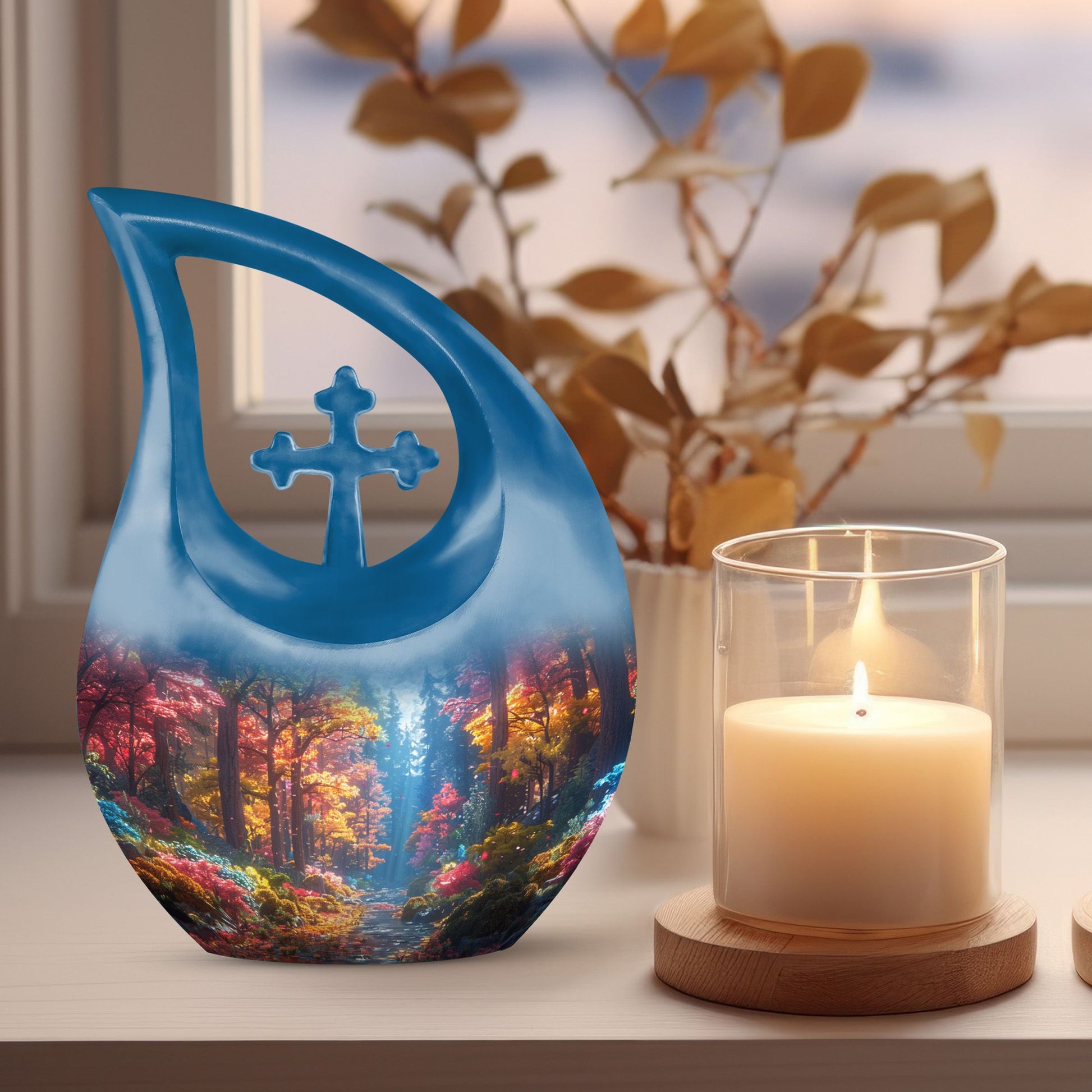 10 Inch Enchanted Forest Glow Urn with Cross Drop design, personalized cremation monument