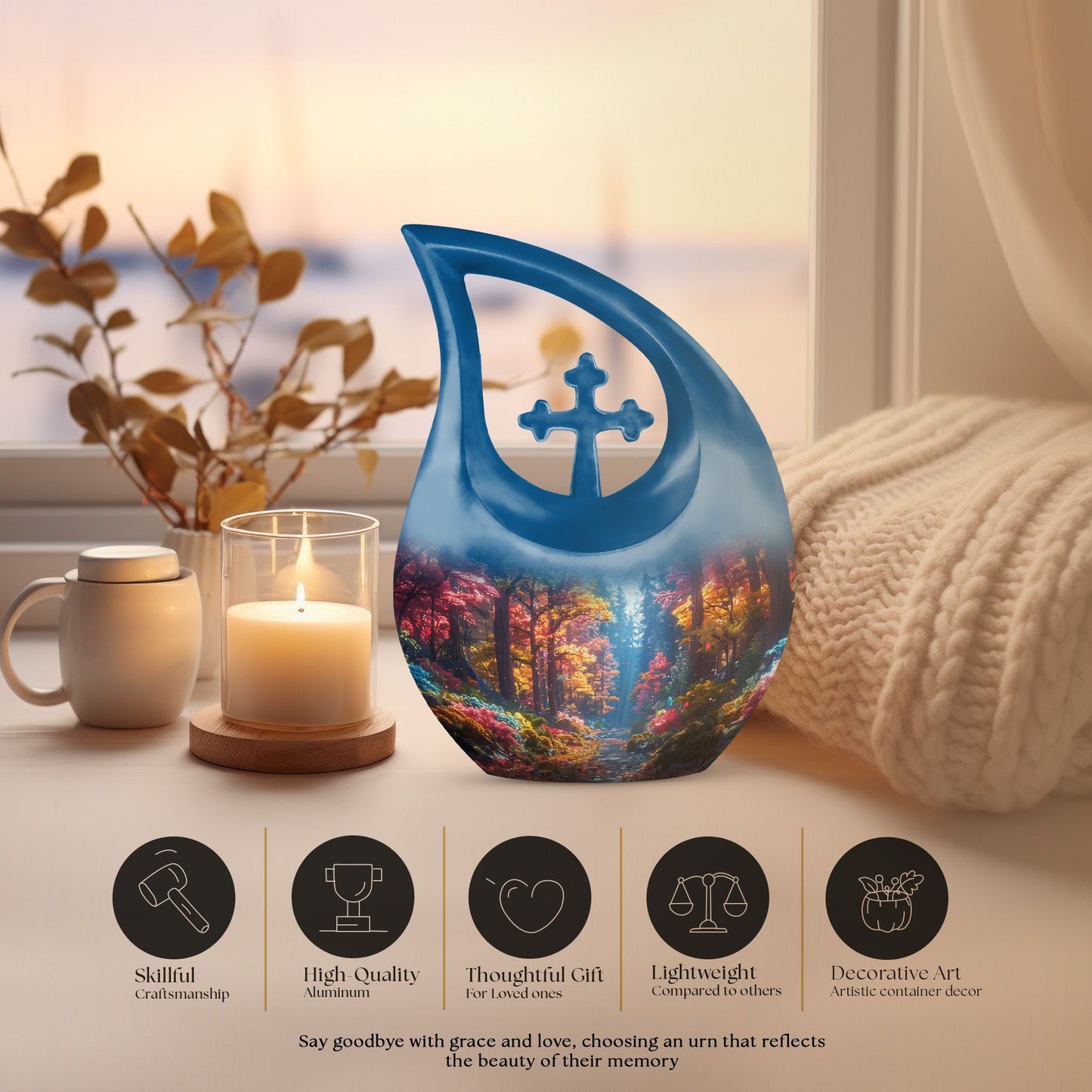 10 Inch Enchanted Forest Glow Urn with Cross Drop design, personalized cremation monument