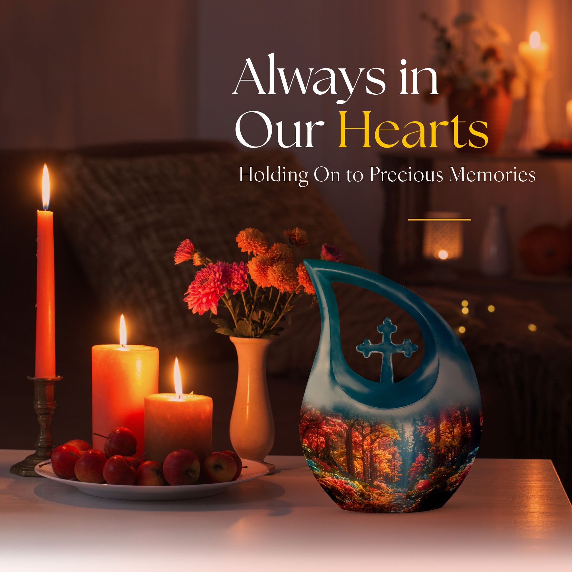 10 Inch Enchanted Forest Glow Urn with Cross Drop design, personalized cremation monument