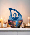 10 Inch Enchanted Forest Glow Urn with Cross Drop design, personalized cremation monument