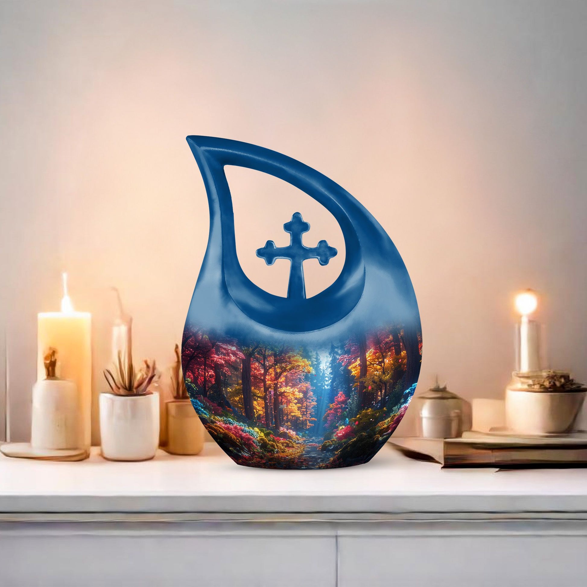 10 Inch Enchanted Forest Glow Urn with Cross Drop design, personalized cremation monument