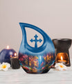 10 Inch Enchanted Forest Glow Urn with Cross Drop design, personalized cremation monument