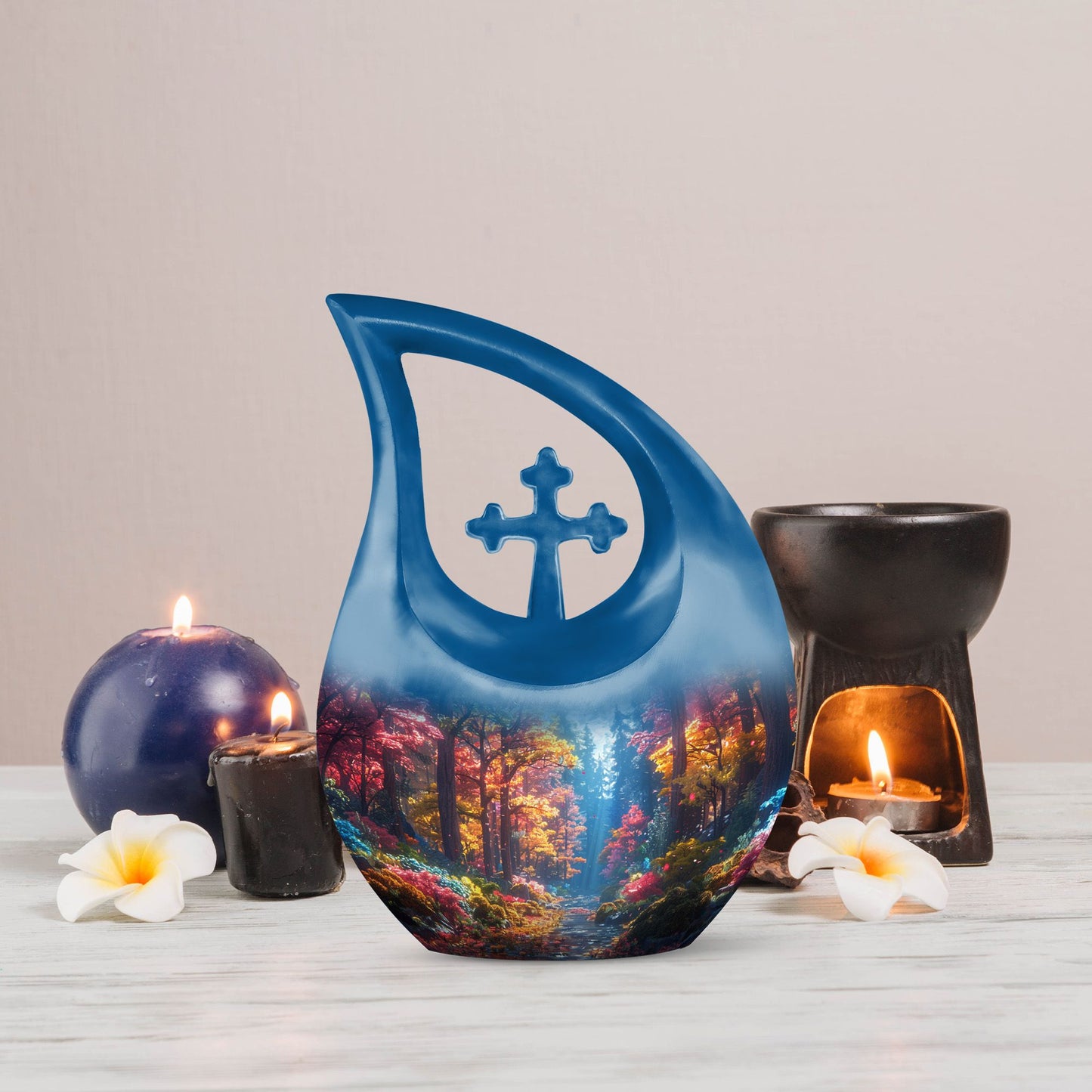 10 Inch Enchanted Forest Glow Urn with Cross Drop design, personalized cremation monument