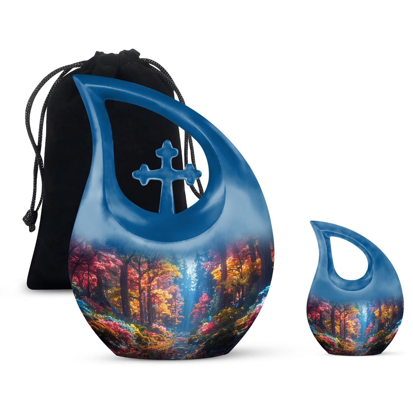 10 Inch Enchanted Forest Glow Urn with Cross Drop design, personalized cremation monument