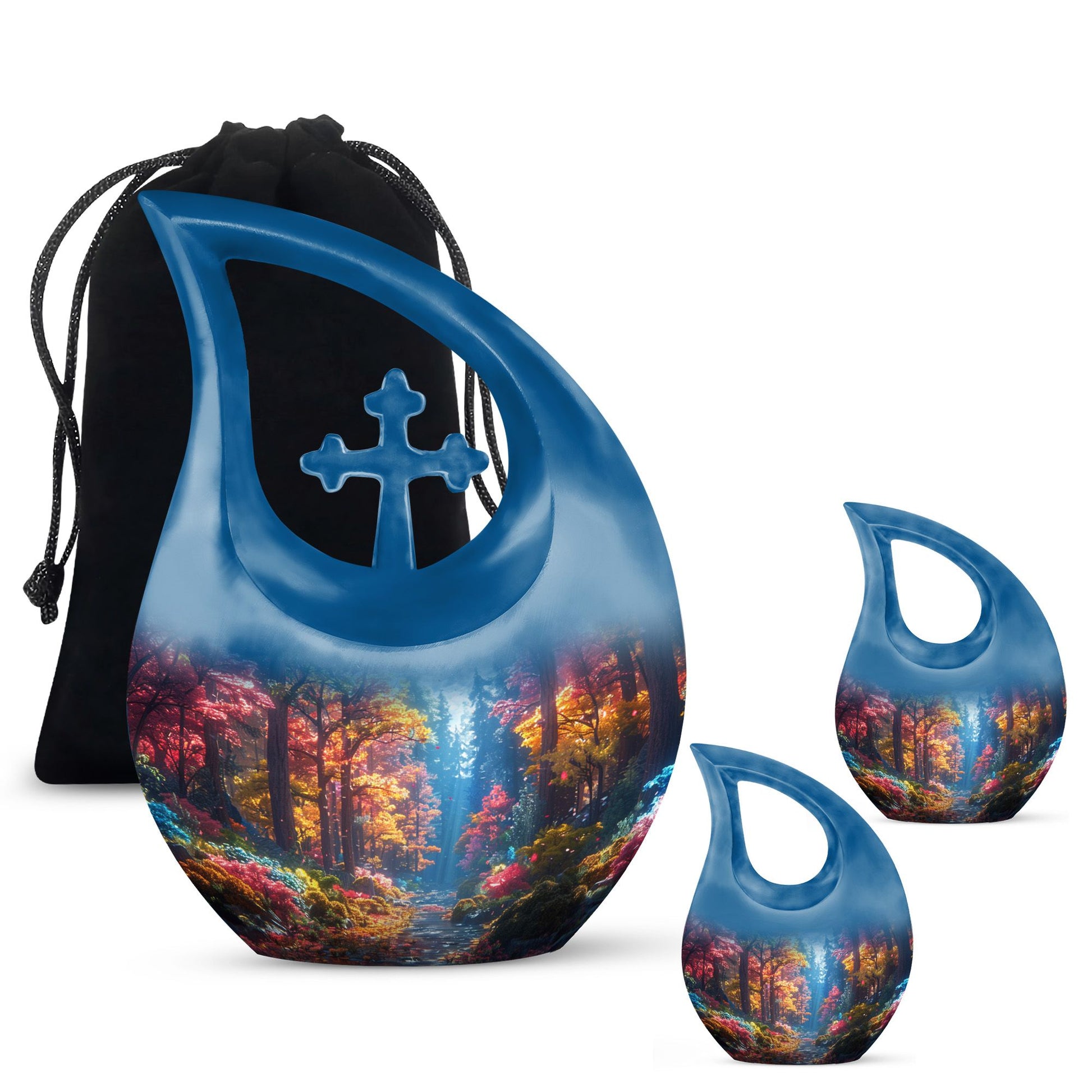 10 Inch Enchanted Forest Glow Urn with Cross Drop design, personalized cremation monument