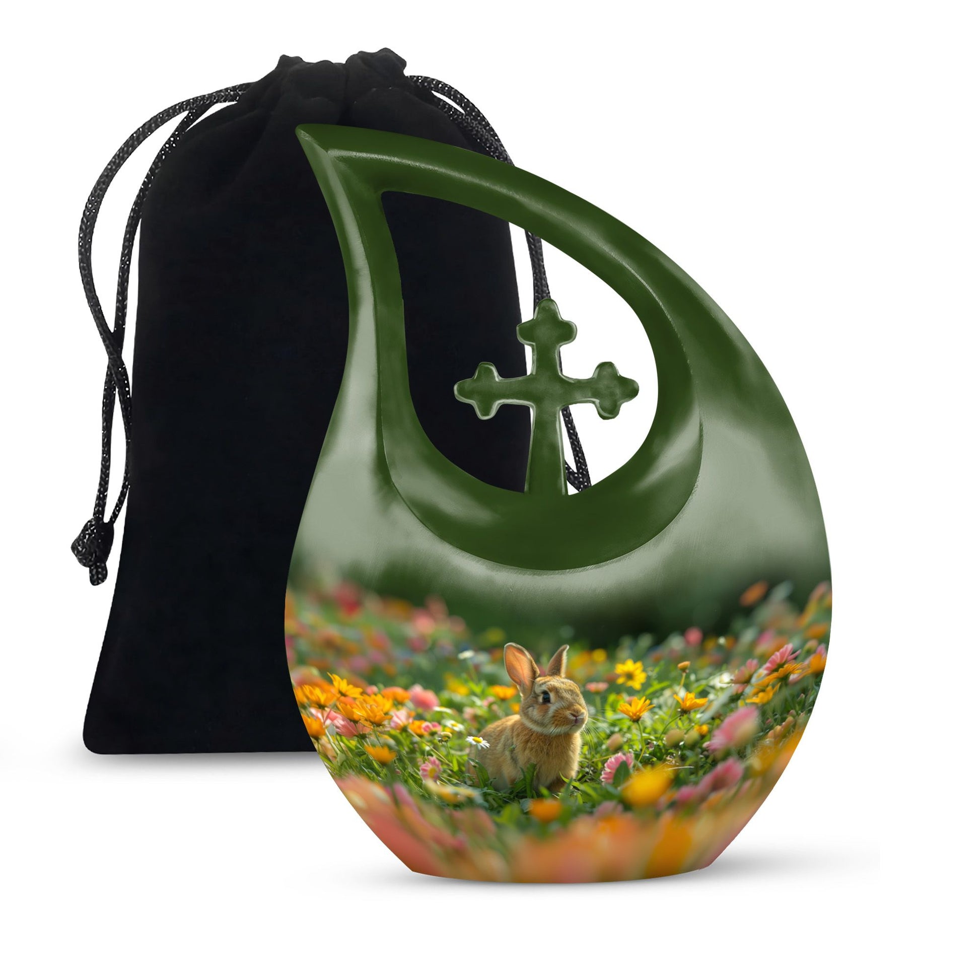 10-inch Bucolic Bunny Meadow Urn with Cross Drop 