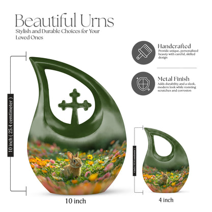 10-inch Bucolic Bunny Meadow Urn with Cross Drop 