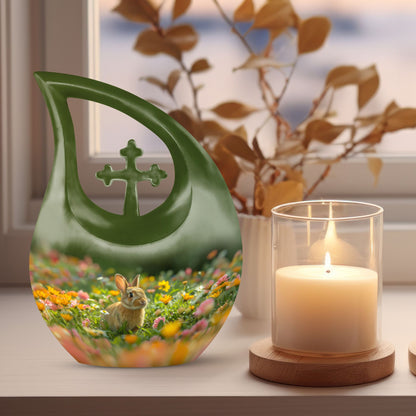 10-inch Bucolic Bunny Meadow Urn with Cross Drop 