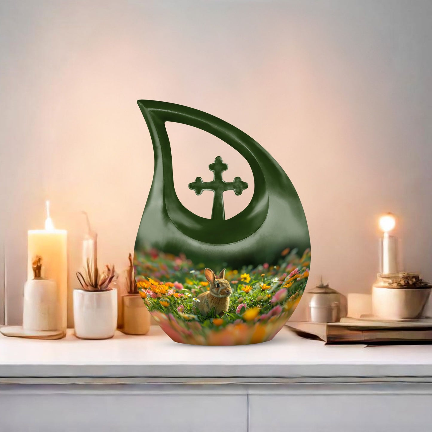 10-inch Bucolic Bunny Meadow Urn with Cross Drop 