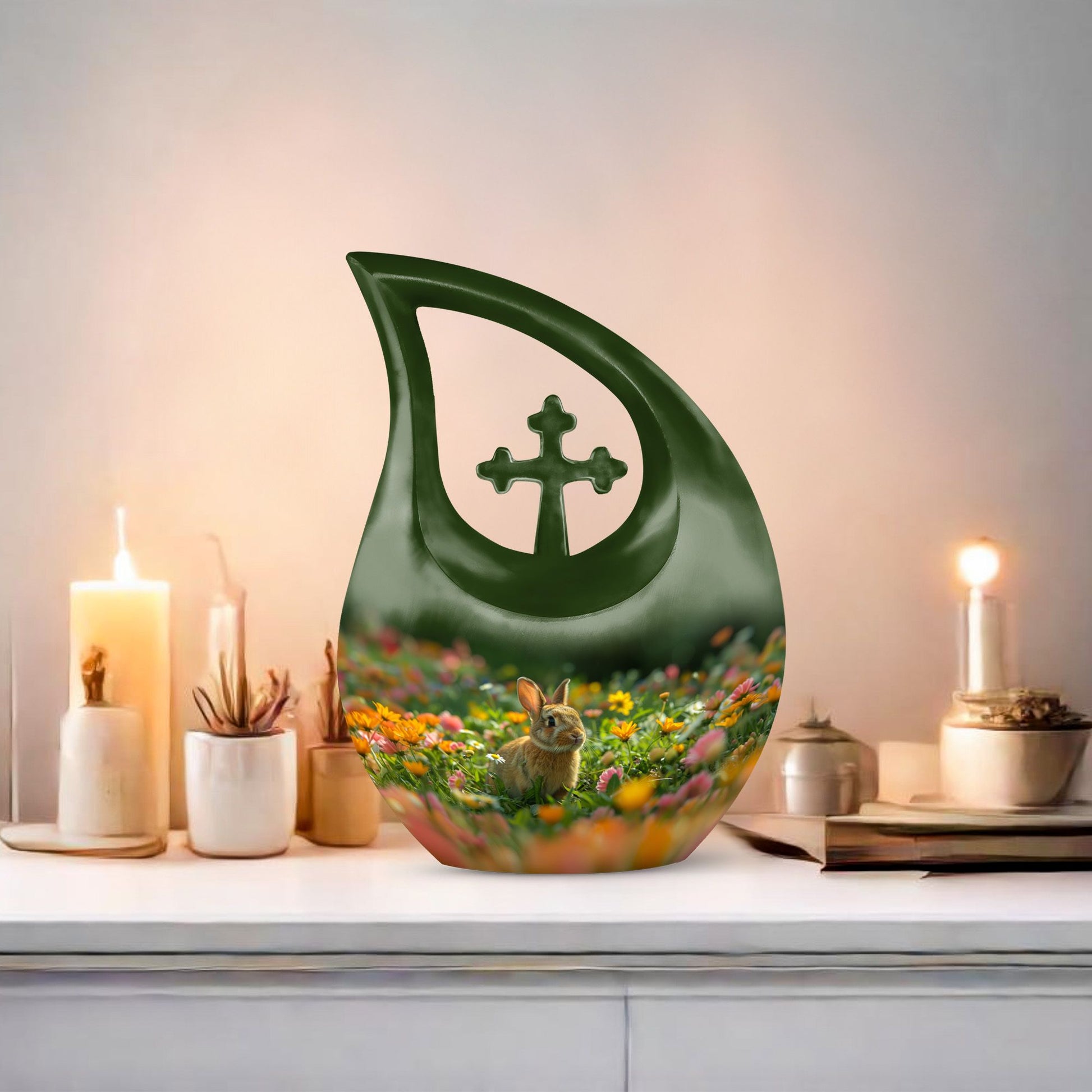 10-inch Bucolic Bunny Meadow Urn with Cross Drop 