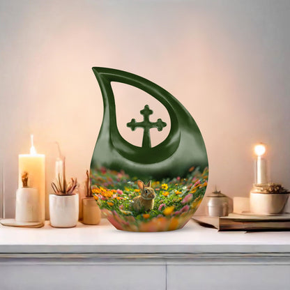 10-inch Bucolic Bunny Meadow Urn with Cross Drop 
