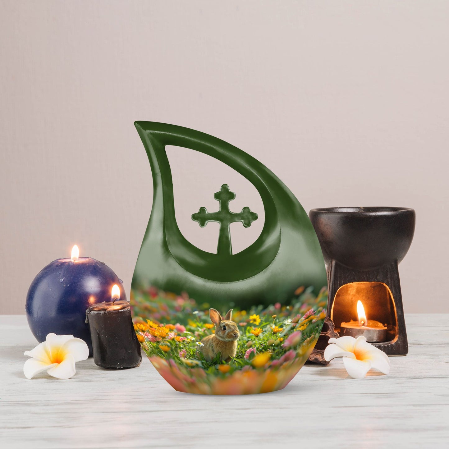 10-inch Bucolic Bunny Meadow Urn with Cross Drop 