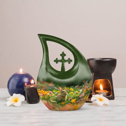 10-inch Bucolic Bunny Meadow Urn with Cross Drop 
