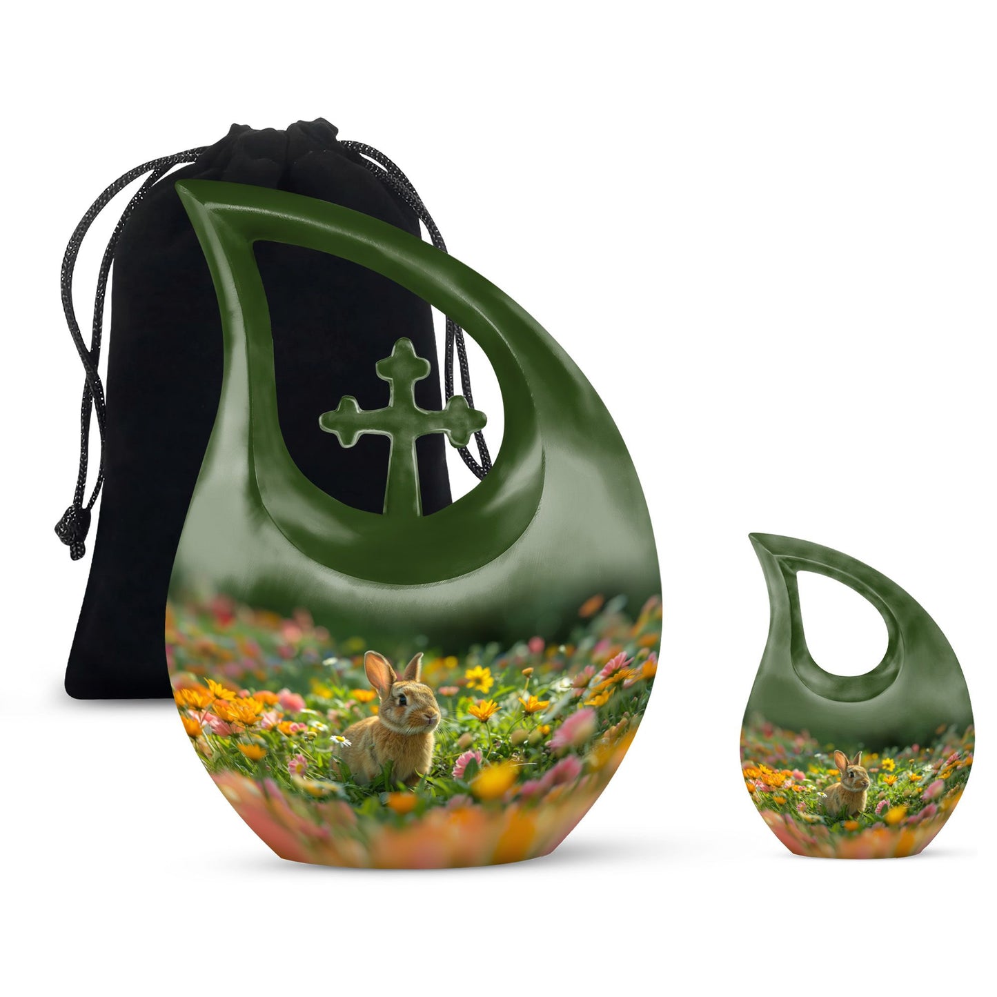 10-inch Bucolic Bunny Meadow Urn with Cross Drop 