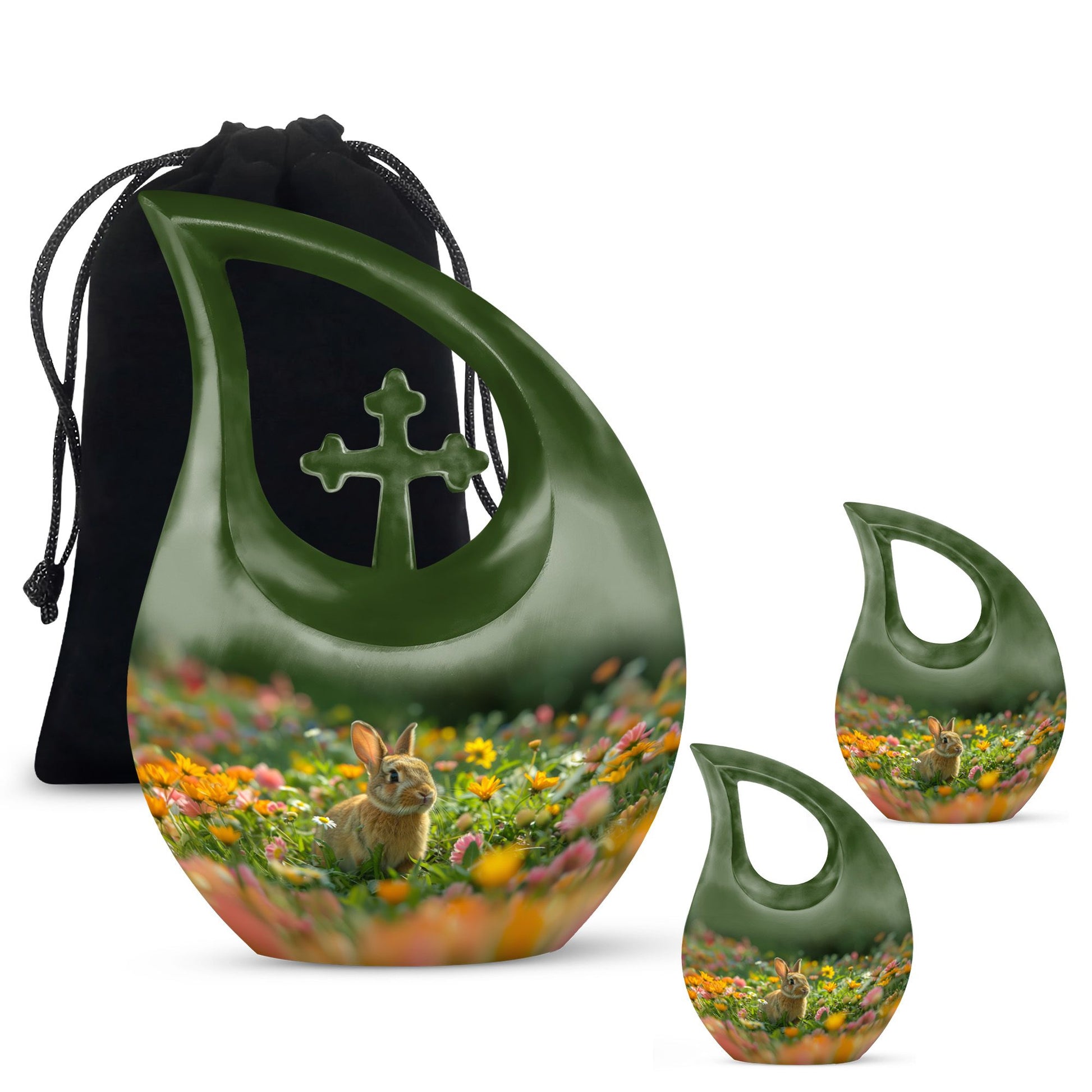 10-inch Bucolic Bunny Meadow Urn with Cross Drop 